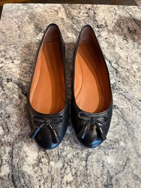 Coach Black Leather Tassel Ballet Flats with Tan Insole